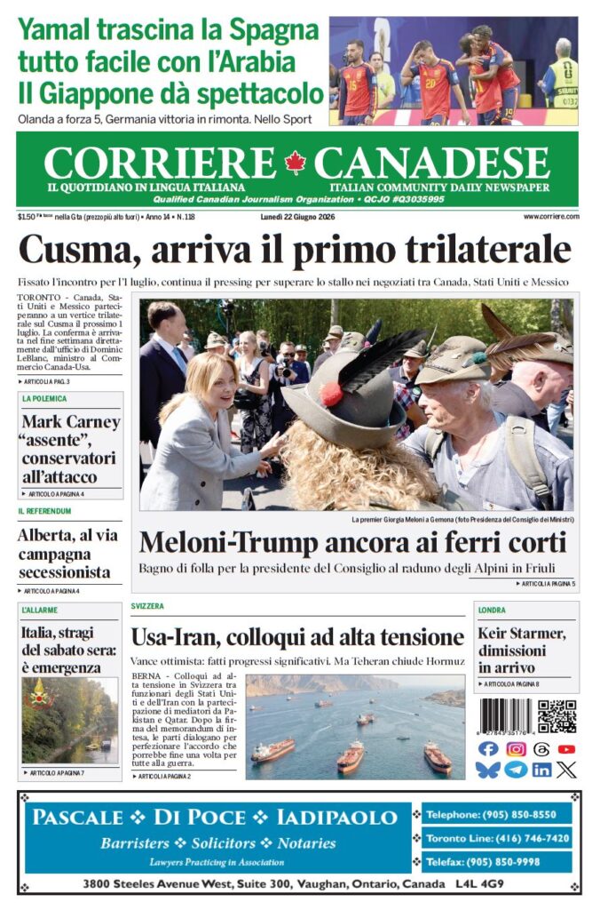 Front page of Corriere Canadese with a large crowd photo under the main headline about Meloni and Trump.