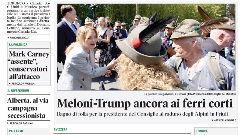 Front page of Corriere Canadese with a large crowd photo under the main headline about Meloni and Trump.