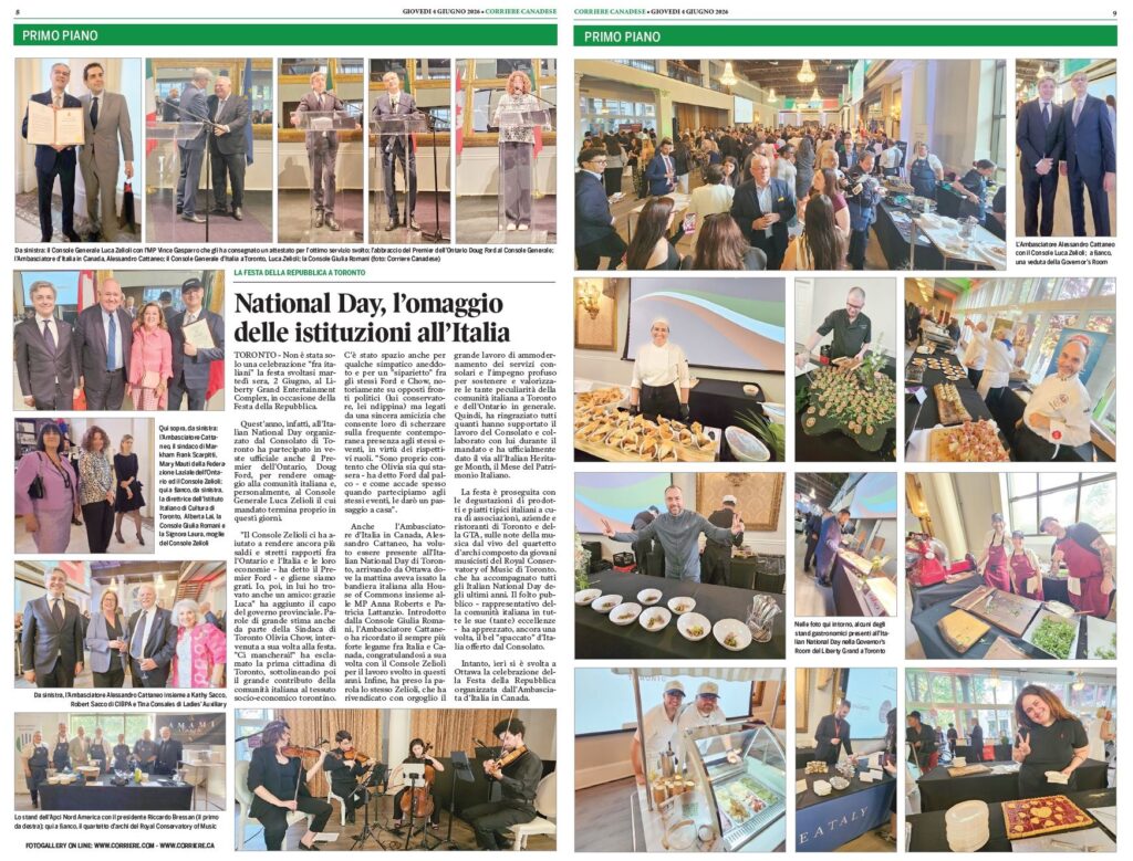 Collage of National Day celebrations in Toronto: speeches, diplomats, and a large reception with Italian food displays.