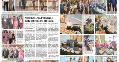 Collage of National Day celebrations in Toronto: speeches, diplomats, and a large reception with Italian food displays.