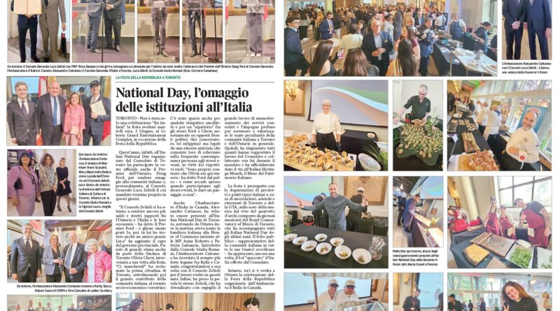 Collage of National Day celebrations in Toronto: speeches, diplomats, and a large reception with Italian food displays.