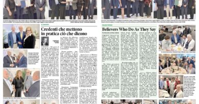 Collage of group photos from a formal event on a newspaper page, with people posing and certificates issued.