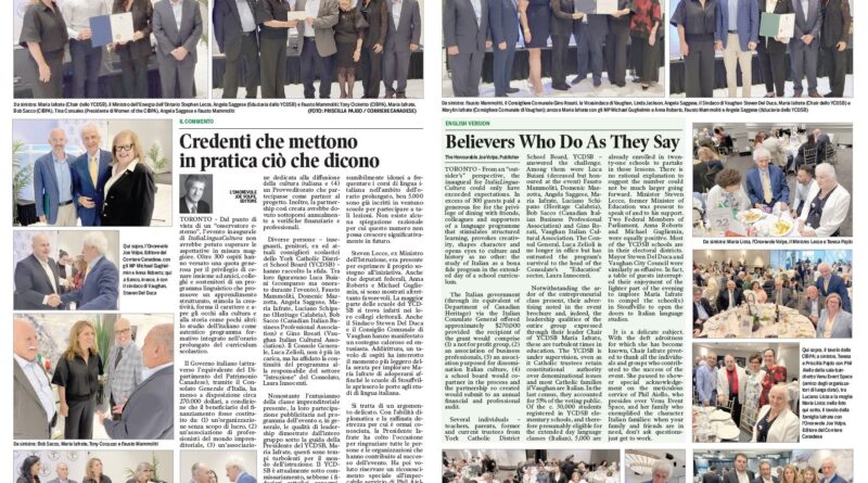 Collage of group photos from a formal event on a newspaper page, with people posing and certificates issued.