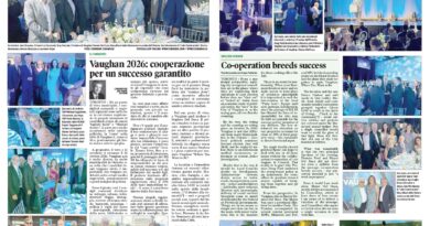 Two-page newspaper spread titled Primo Piano about Vaughan 2026, featuring group photos, a stage speech, and accompanying articles.