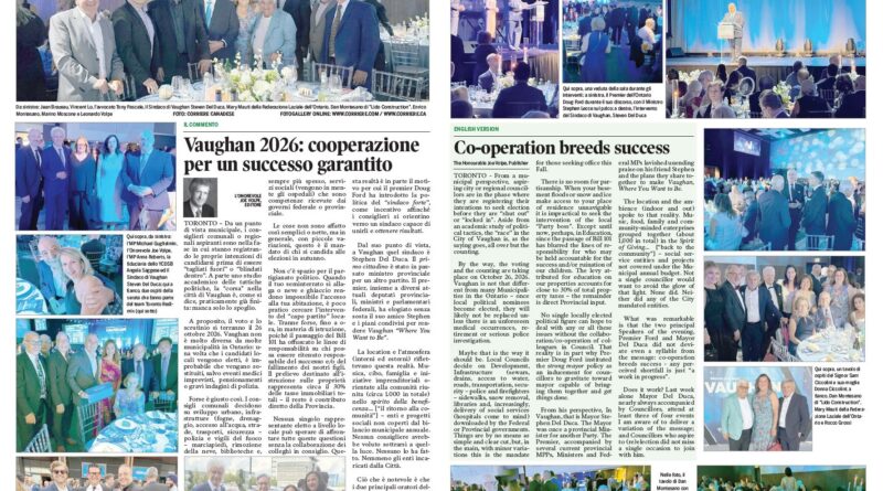 Two-page newspaper spread titled Primo Piano about Vaughan 2026, featuring group photos, a stage speech, and accompanying articles.