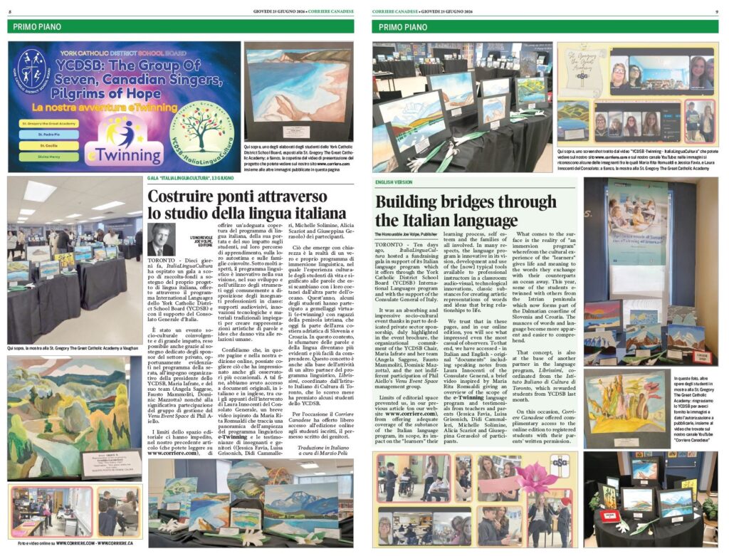 Two-page newspaper spread about a bilingual art exhibition, featuring student paintings and an Italian language article headline in Italian and English.