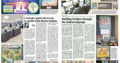 Two-page newspaper spread about a bilingual art exhibition, featuring student paintings and an Italian language article headline in Italian and English.