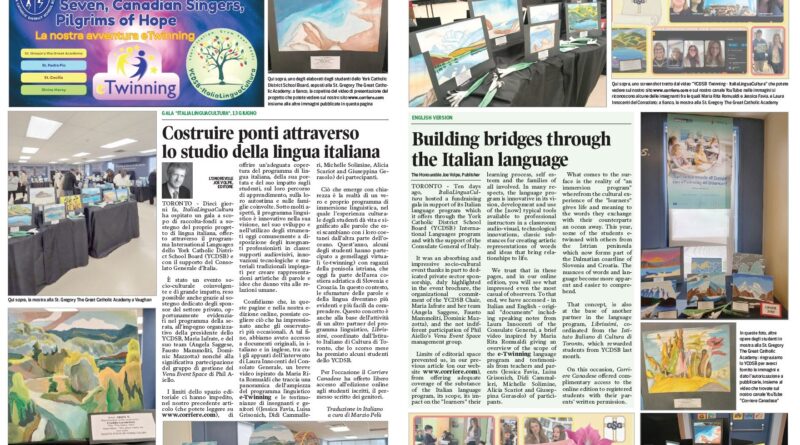 Two-page newspaper spread about a bilingual art exhibition, featuring student paintings and an Italian language article headline in Italian and English.