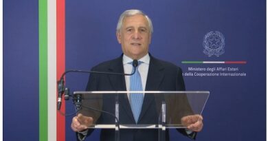 Government official delivering a speech at a podium, with the Italian flag colors and Foreign Affairs Ministry emblem behind.