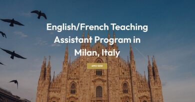 Hero banner for an English/French Teaching Assistant Program in Milan, Italy with an Apply Now button.