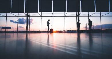 Silhouettes of people with luggage in a glass-walled terminal at sunset, reflections on a polished floor.