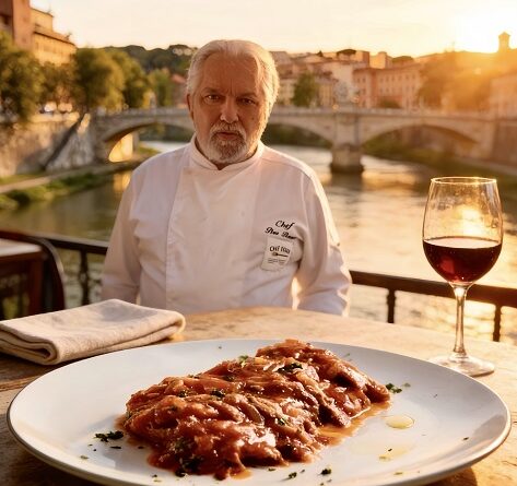 Chef seated at an outdoor riverside table with a plate of tomato pasta and a glass of red wine at sunset over a city bridge.