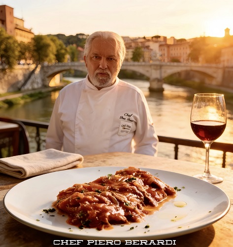 Chef seated at an outdoor riverside table with a plate of tomato pasta and a glass of red wine at sunset over a city bridge.