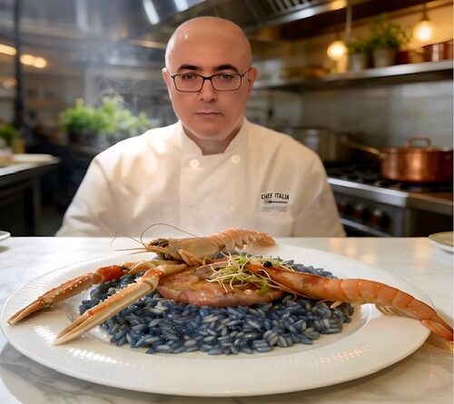 Chef Alex Ziccarelli in a professional kitchen presents squid ink pasta topped with large prawns.