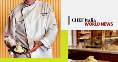 Portrait of master pastry chef Ugo Mignone in a white coat presenting a plated dessert; collage includes the Chef Italia and World News logos with a lime-green panel stating his name.