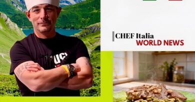 Portrait of chef Davide Pronti with arms crossed, against a mountain landscape; collage includes Chef Italia branding and a plated olive dish.