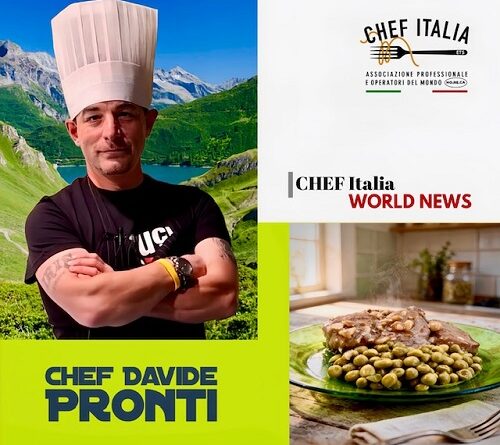 Portrait of chef Davide Pronti with arms crossed, against a mountain landscape; collage includes Chef Italia branding and a plated olive dish.