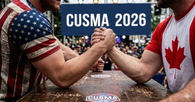 Arm-wrestling match between competitors in USA and Canada flag shirts at a wooden table, with a CUSMA 2026 banner in the background.