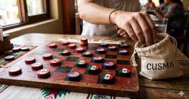 A hand moves a circular flag token on a wooden grid board while a labeled cotton bag reading 'CUSMA' sits nearby on the table.