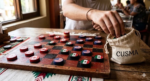 A hand moves a circular flag token on a wooden grid board while a labeled cotton bag reading 'CUSMA' sits nearby on the table.