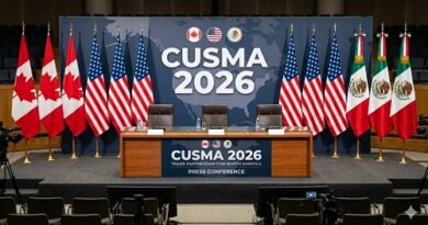 Conference stage with three chairs and microphones, flanked by flags of Canada, the United States, and Mexico; CUSMA 2026 backdrop.