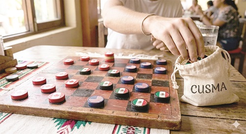 Person reaches for circular game pieces on a wooden board game; a cloth bag labeled CUSMA sits nearby.