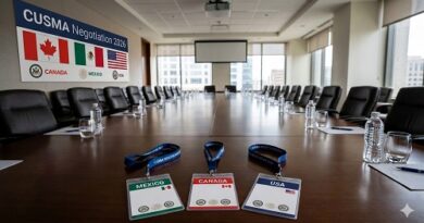 Long conference table in a bright meeting room for CUSMA Negotiation 2016, with a banner and flags of Canada, Mexico, and USA, and three country badges on the table center.