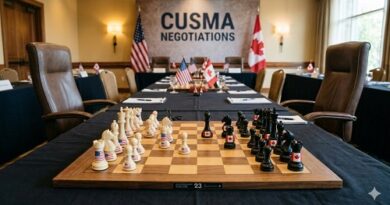Chessboard on a conference room table prepared for CUSMA negotiations, with U.S. and Canadian flags in the background.