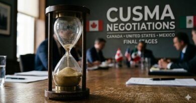 Hourglass on a wooden table during CUSMA negotiations, with flags of Canada, U.S., and Mexico in the background.