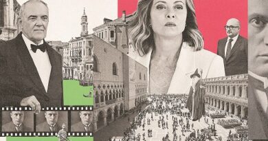 Collage of officials over city scenes and film strip, with a crowd marching; conveys political media coverage.