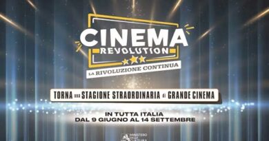 Promotional poster for Cinema Revolution: bold title CINEMA REVOLUTION and subtitle La rivoluzione continua, with Italian dates June 9–September 14 and the Ministry of Culture logo.