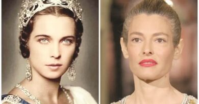 Two women side by side wearing regal tiaras and jewelry; left is a vintage portrait, right a modern fashion look menacing makeup and attire not specified.
