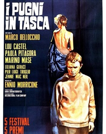 Poster for the Italian film 'I pugni in tasca' with bold title, yellow cast list, and two figures in foreground.