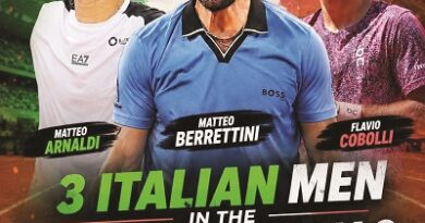 Poster of three Italian players Matteo Arnaldi, Matteo Berrettini, and Flavio Cobolli with the headline '3 Italian Men in the Quarter Finals at Roland Garros'.