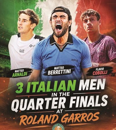 Poster of three Italian players Matteo Arnaldi, Matteo Berrettini, and Flavio Cobolli with the headline '3 Italian Men in the Quarter Finals at Roland Garros'.