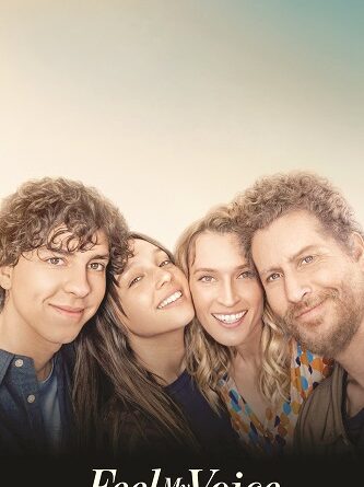 Group of four smiling friends posing together in front of a soft sunset gradient, promotional poster for 'Feel My Voice'.