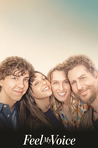 Group of four smiling friends posing together in front of a soft sunset gradient, promotional poster for 'Feel My Voice'.