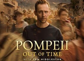 Poster for Pompeii: Out of Time with Tom Hiddleston; erupting volcano in the background and a panicked crowd fleeing, July 22 release.