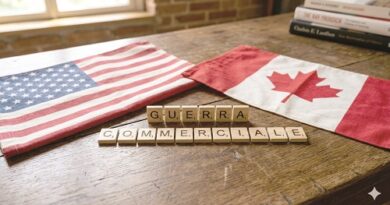 US and Canadian flags on a wooden table with Scrabble tiles spelling 'GUERRA COMERCIAL' (trade war)