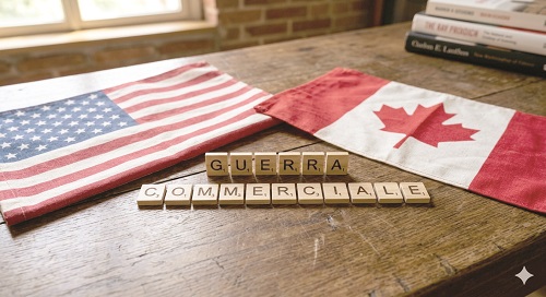 US and Canadian flags on a wooden table with Scrabble tiles spelling 'GUERRA COMERCIAL' (trade war)