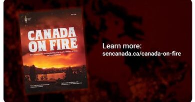 Promotional poster titled 'Canada on Fire' with a fiery red landscape; on the right, 'Learn more: sencanada.ca/canada-on-fire'