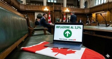 Laptop displays inflation rate of 3.2% for Canada on a desk beside a Canadian flag in a parliamentary chamber.