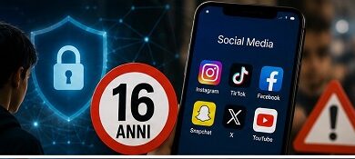 Teen safety concept: a teen facing digital security icons, an age-16 sign, social media apps on a phone, and a warning triangle.