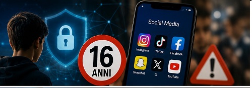 Teen safety concept: a teen facing digital security icons, an age-16 sign, social media apps on a phone, and a warning triangle.
