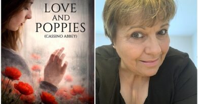 Left: 'Love and Poppies' book cover with a woman in profile beside red poppies; right: smiling portrait of a woman with short blond hair in a black top.