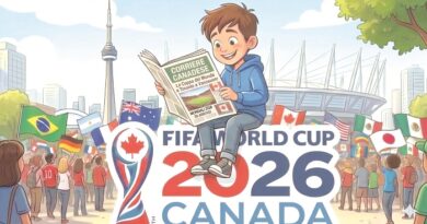 A young boy sits on the FIFA World Cup 2026 Canada logo reading a newspaper, with a crowd and national flags around him in a sunny stadium plaza.