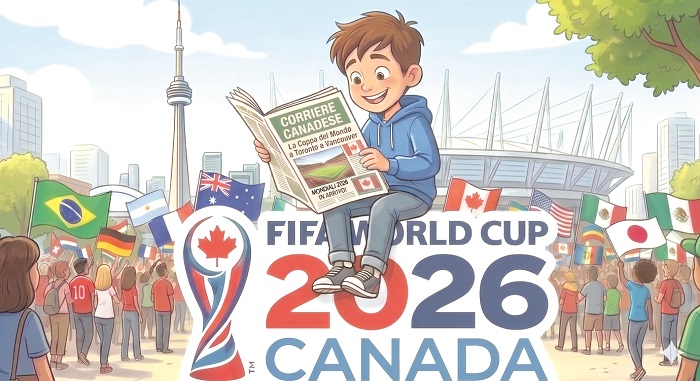 A young boy sits on the FIFA World Cup 2026 Canada logo reading a newspaper, with a crowd and national flags around him in a sunny stadium plaza.