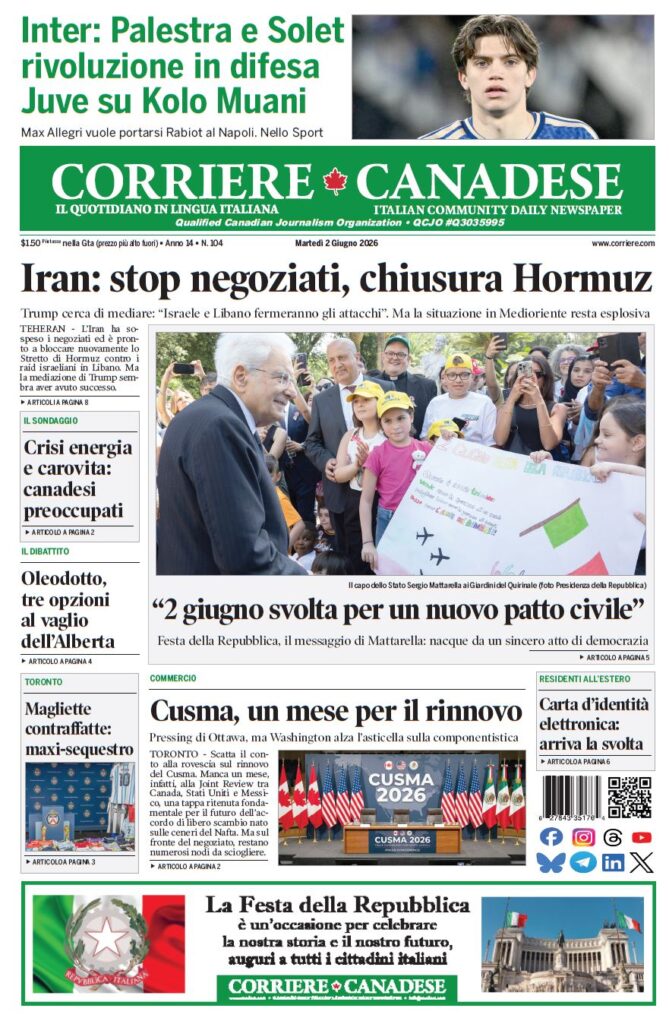 Front page of Corriere Canadese showing Iran negotiations headline and a crowd photo with a politician nearby.