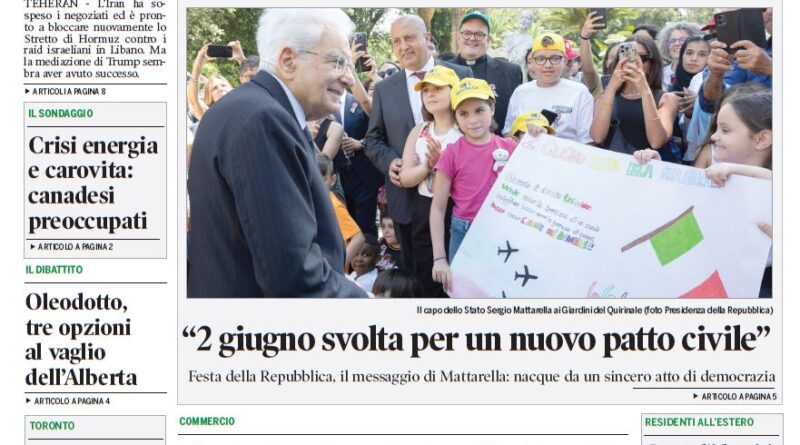Front page of Corriere Canadese showing Iran negotiations headline and a crowd photo with a politician nearby.