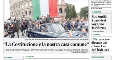 Front page of Corriere Canadese; photo shows President Sergio Mattarella at the Colosseum during Republic Day celebrations, with a ceremonial car and a large Italian flag backdrop.